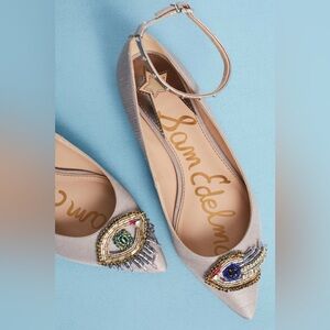 NEW SAM EDELMAN Rexley Evil Eye Beaded Embellished Flats in Silver, Size 6, NWOT